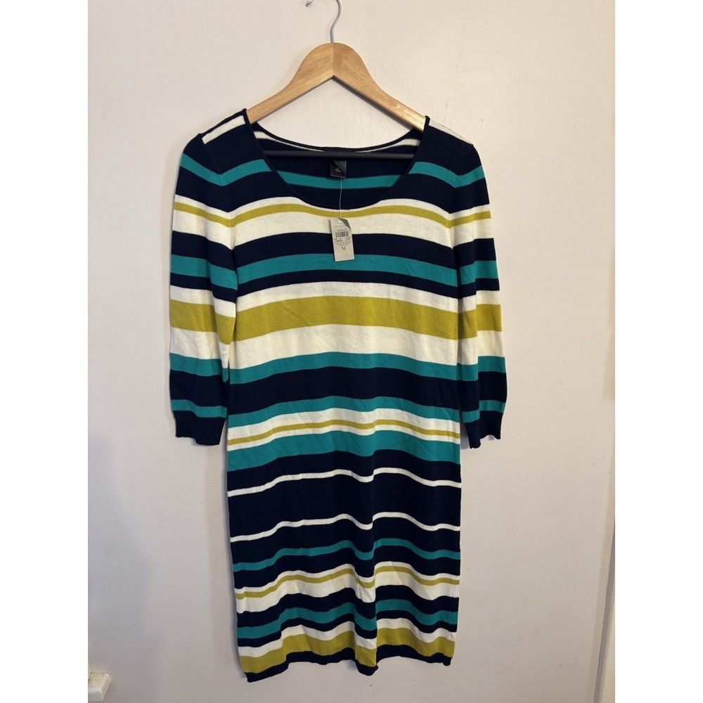 Ann Taylor Women's Navy Striped Knit Sweater Dress 3/4 Sleeves Size Medium New